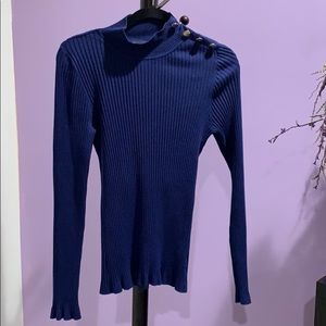 INC blue ribbed cotton sweater w/ gold buttons L